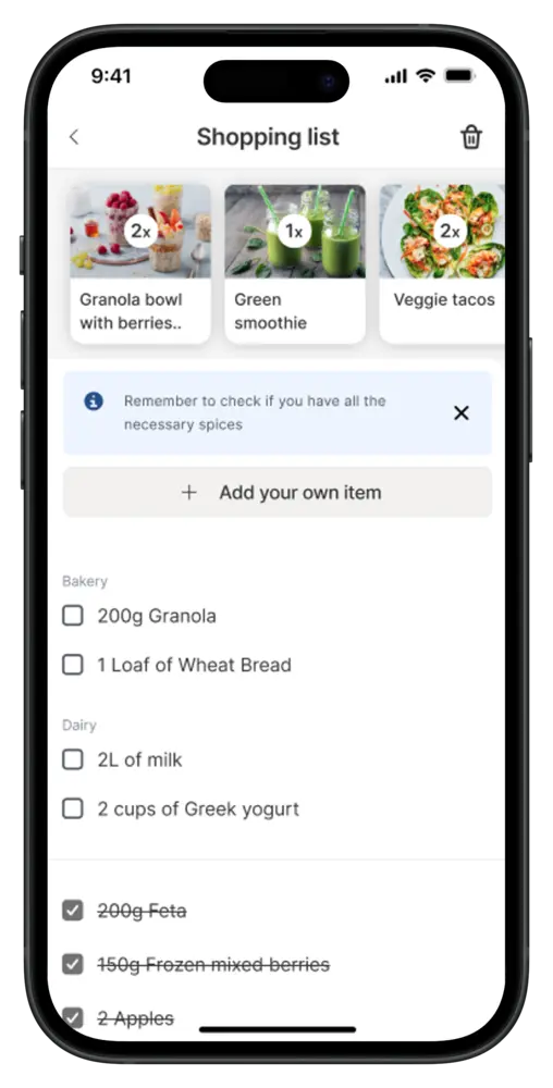 Coaching app nutrition shopping list