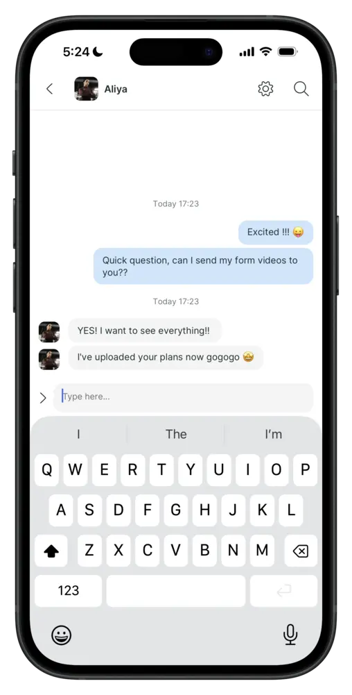 Direct messages with coach Aliya in the app