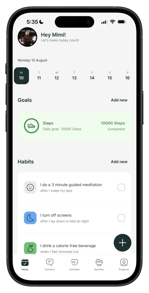 Coaching app dashboard with daily goals and habits